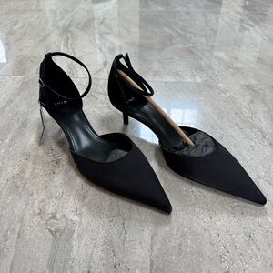 Mango Black Pointed Toe Ankle Strap Kitten Heels
